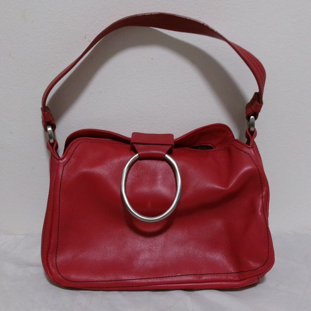 Kenneth Cole Downtown Loop Red Leather Hobo Shoulder Bag Silver Ring Y2K